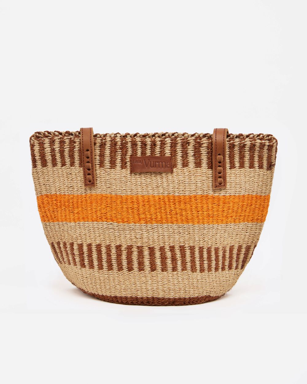 Bolso de sisal artesanal con rayas naranjas y marrones - bolso de playa ecológico y sostenible de Isla Vurma, ideal para verano y looks boho chic