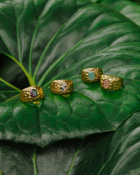 Primer plano de los anillos bañados en oro de 18k con piedra semipreciosa Rubí Zoisita, Jaspe Dálmata, Aventurina Verde y Cuarzo Melocotón de Isla Vurma