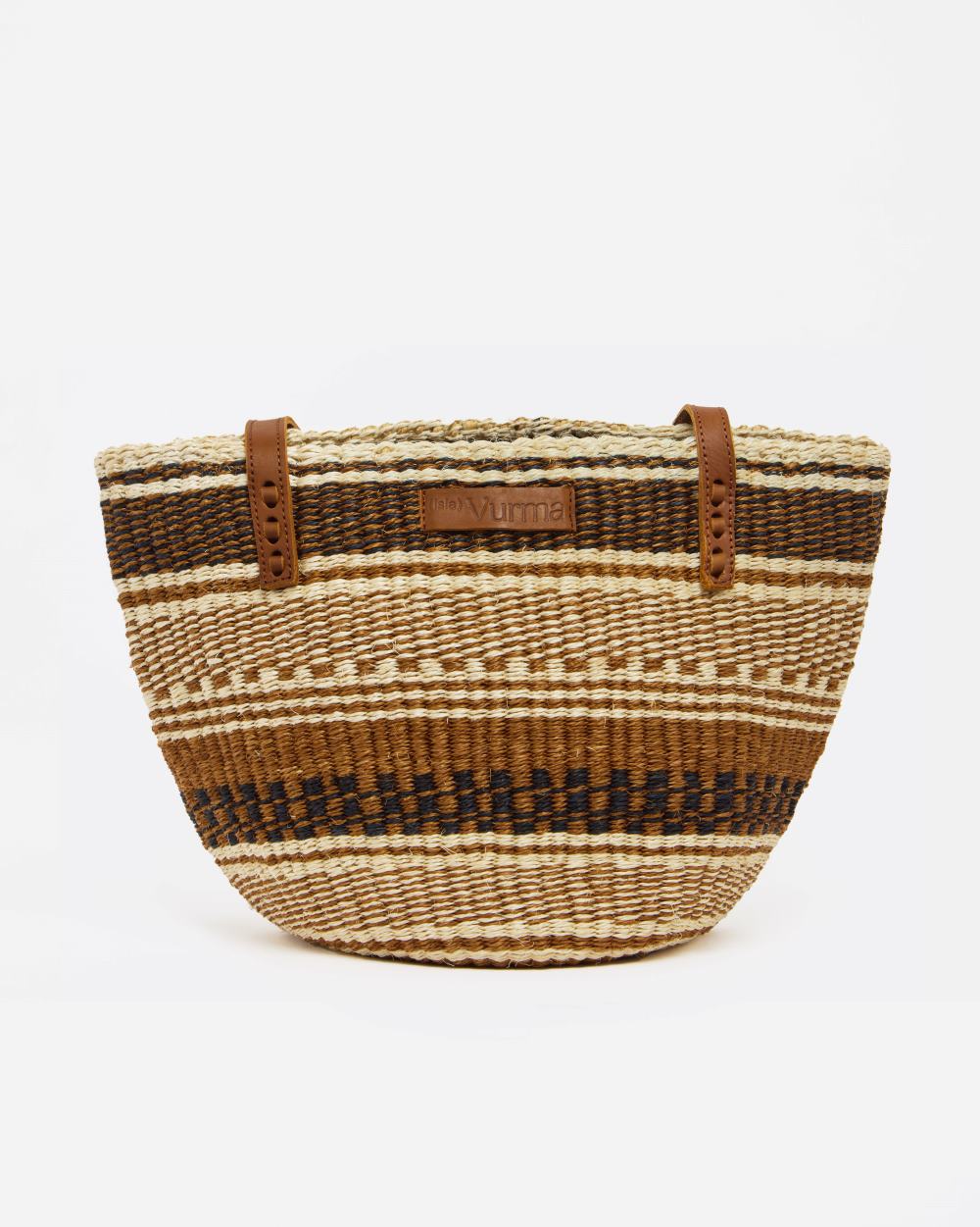 Bolso de sisal artesanal con rayas en tonos tierra y detalles étnicos - bolso ecológico de Isla Vurma con asas de cuero, ideal para verano y estilo bohemio sofisticado