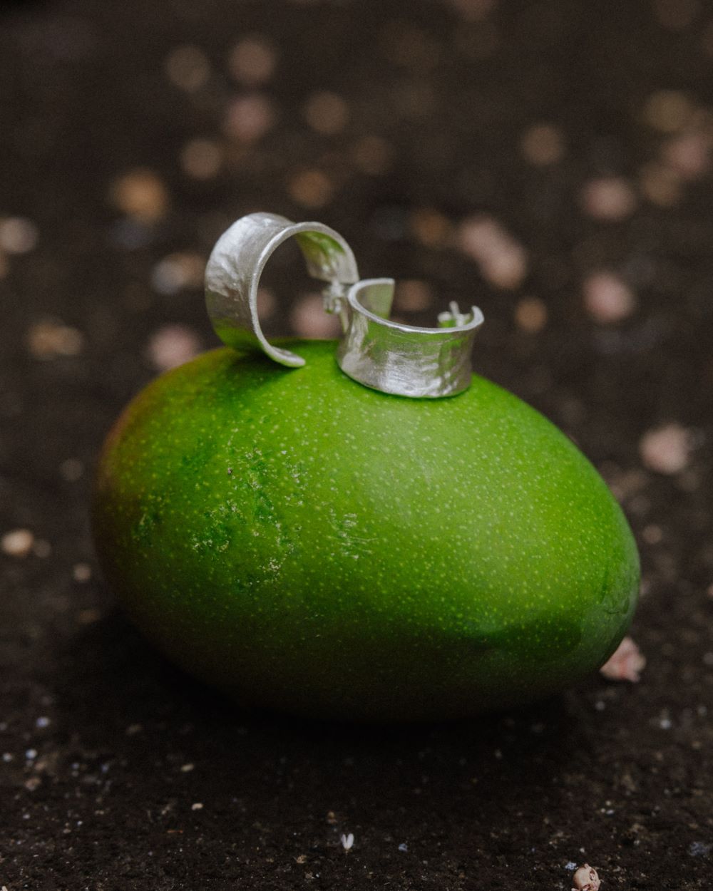 Primer plano de los pendientes bañados en plata de ley 925 sobre fruta verde 
